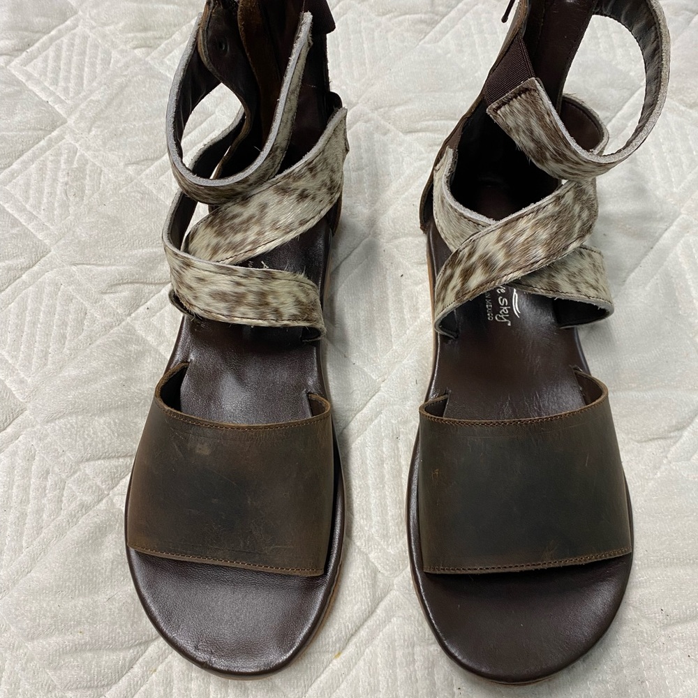 Women's Brown Leather Sandals with Haircalf Cross Straps
